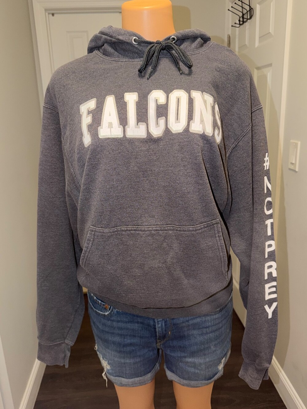 Falcons Gray Pullover Hoodie with #NOTPREY Sleeve size M excellent conditions